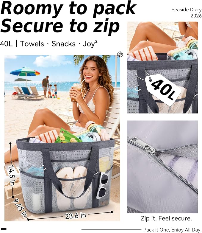 Chic Cruise Essentials Beach Bag for Women, Large Zip Top Tote, 11 Pockets | 40L+ Spacious;Mesh × Canvas;Zipper Pouch;Secure Zip-Top;Sand-Resistant Base - Image 3