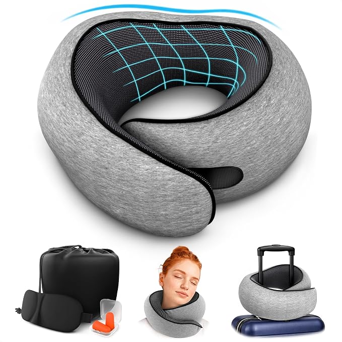 Travel Neck Pillows for Airplanes, 4-in-1 Set, 360° G-Shape | Memory Foam Airplane Pillow for Sleeping on Long Flights, Car & Train; Washable Cover, 3D Eye Mask, Earplugs & Bag (Updated) by Point2Points