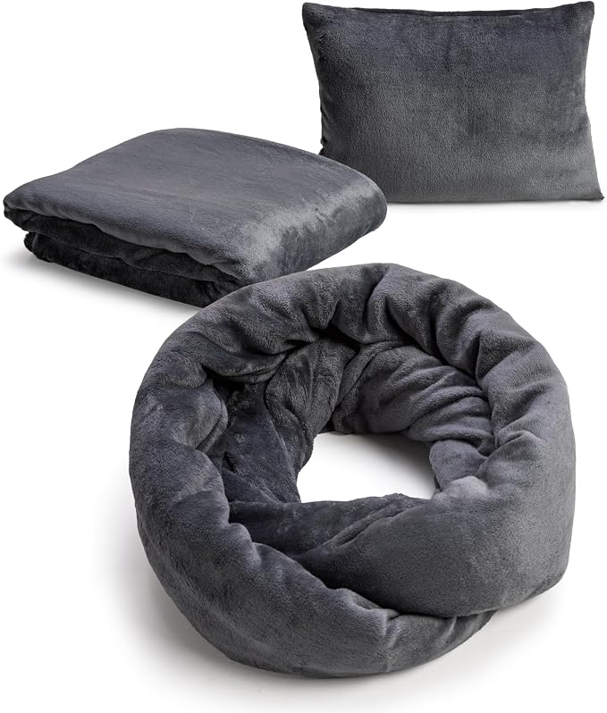 NAPRO 3‑in‑1 Travel Blanket Pillow Scarf – Convertible 50×80″ Blanket, 12×16″ Pillow, 80″ Infinity Neck Pillow – Lightweight, Plush – Gray by NaPro