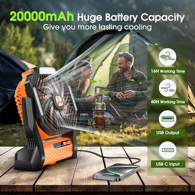 Portable Rechargeable Fan, 20000mAh Cordless Battery Powered Camping Fans | Orange - Image 2