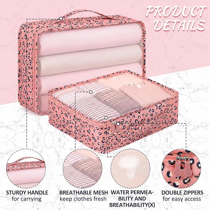 Silkfly 12 Pcs Packing Cubes for Suitcase Travel Luggage Bags Bulk Mesh Organizer Set for Hiking Camping(XL, L, M,Leopard,Pink) - Image 2
