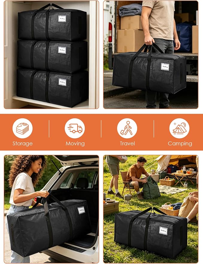SWEET DOLPHIN 8 Pack 200LB Heavy-Duty Moving Bags with Wrap-Around Handles, Extra Large Storage Totes for Space Saving, Clothes Storage Bags, College Dorm Essentials, Black, 24 Gal - Image 6