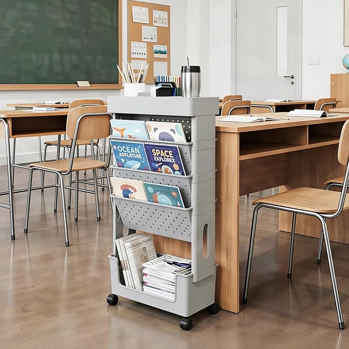 5-Tier Rolling Bookshelf Magazine Rack with Wheels Gray | Mobile Bookcase, Book Storage File Folder Organizer Cart for Home Study Office Living Room Classroom - Image 4