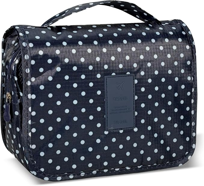 Portable Hanging Toiletry Bag for Travel,Small Multifunctional Makeup Cosmetic Bag for Women,Waterproof Travel Toiletries Organizer,Shower Bathroom Pouch with Hook for Gym,Camping - Navy Blue Dots by Unknown