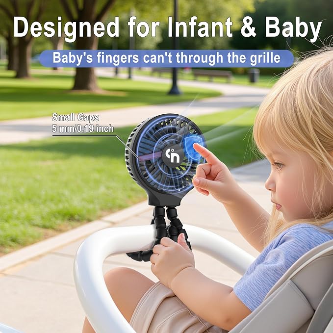 WiHoo Portable Stroller Fan, 11H Ultra-long Battery Life 3 Speed 360°Rotate, USB Rechargeable or Battery Operated Cooling Clip On Personal Fan for Baby Crib Travel Car Seat Black - Image 3