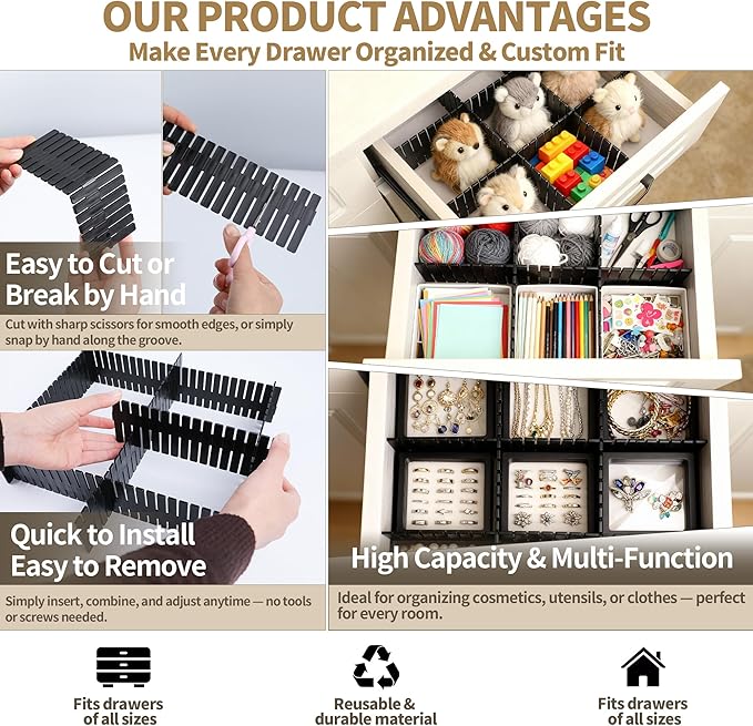 Adjustable Drawer Dividers, Cut-to-Fit DIY Organizers, Black 32 Pack | For Tidying Cutlery, Makeup, Clothes and Dresses in Drawers, Desks and Storage Boxes for Kitchen, Bathroom, Bedroom & Office - Image 5