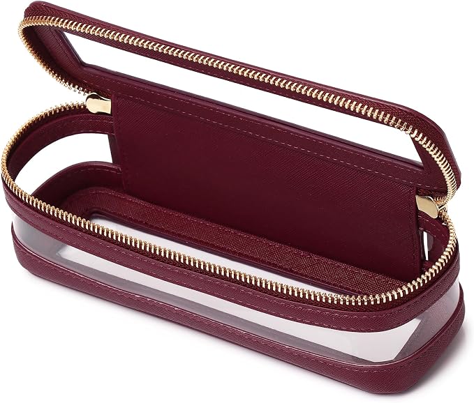 Pinkmik Makeup Brush Case, Burgundy, | Clear Travel Cosmetic & Toiletry Bag, Slim with Zipper, Small Purse Organizer, Car Essential for Women by Pinkmik