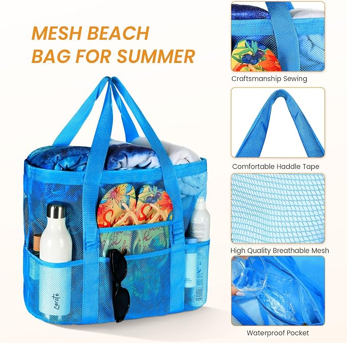 Tavaleu Mesh Beach Bag, Large Capacity Beach Tote, Multi Pockets, Sandproof | Mesh Material, Multiple Storage Pockets, Lightweight & Foldable Design, For Beach & Pool Use, Easy to Clean & Quick Dry - Image 5