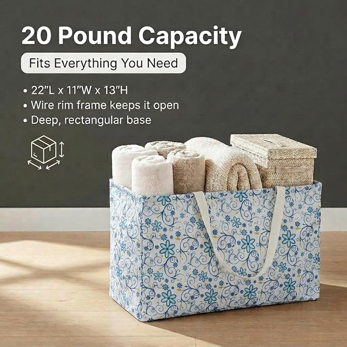Household Essentials White and Blue Floral Krush Container All-Purpose Utility Tote - Image 6