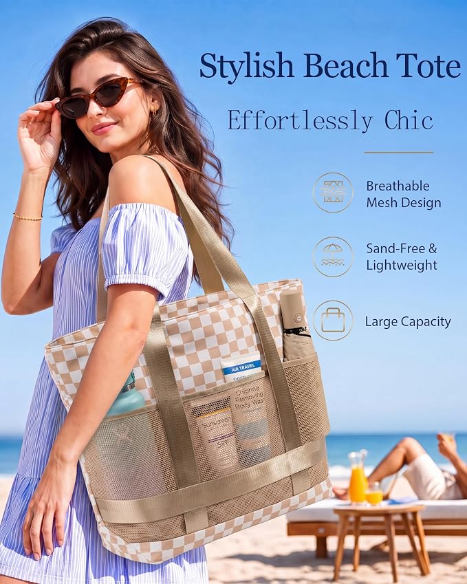 Large Beach Tote Pool Swim Bag for Women Sandproof with Wet Compartment | Waterproof 8 Multi-Pockets | Zipper Closure | Ideal for Travel, Cruise, Vacation, Picnic | Light & Quick-Dry Mesh - Image 2