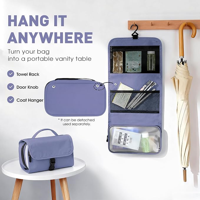 Toncoke Travel Toiletry Bag Set, Hanging Toiletry Bag Premium Faux Leather, Toiletry Bag for Women & Men, Travel Essentials Makeup Bag Water-resistant (Faux Leather Purple) - Image 2