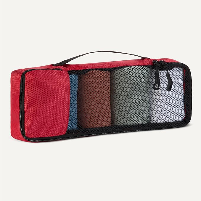Amazon Essentials 4-Piece Space-Saving Packing Cubes Travel Accessories Set, Luggage Organizer with Double Zipper, Mesh Top, Polyester, Slim, Red (Previously Amazon Basics) - Image 4