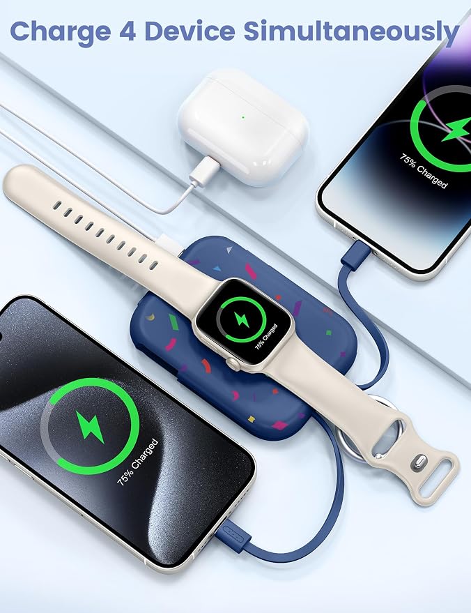 RORRY CharmGo Portable Charger, 5000mAh Portable Charger Power Bank | Built-in Cables,Travel Keychain Battery Pack Essentions for Apple Watch 1~11 Series/Ultra/SE & iPhone Air/17/16/15/14/13/12 - Image 4