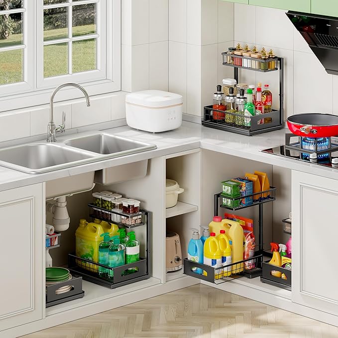 Under Sink Organizer, 2-Pack L-Shaped Metal Pull-Out Drawers for Kitchen | Cabinet Organizer Height Adjustable Heavy Duty Metal 2-Tier Storage Fits Beside Common Pipes for Bathroom Pantry - Image 6
