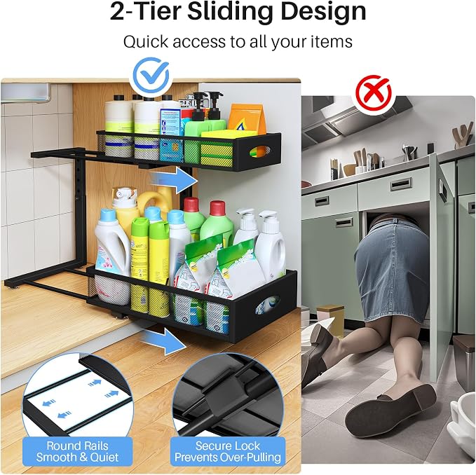 Under Sink Organizer, 2 Tier Pull Out Under Cabinet Organizer Shelf with Pad for Framed Cabinets, Metal Slide Out Under Sink Storage, Mesh Sliding Drawers for Kitchen Bathroom Laundry(Black, 1 Pack) - Image 5
