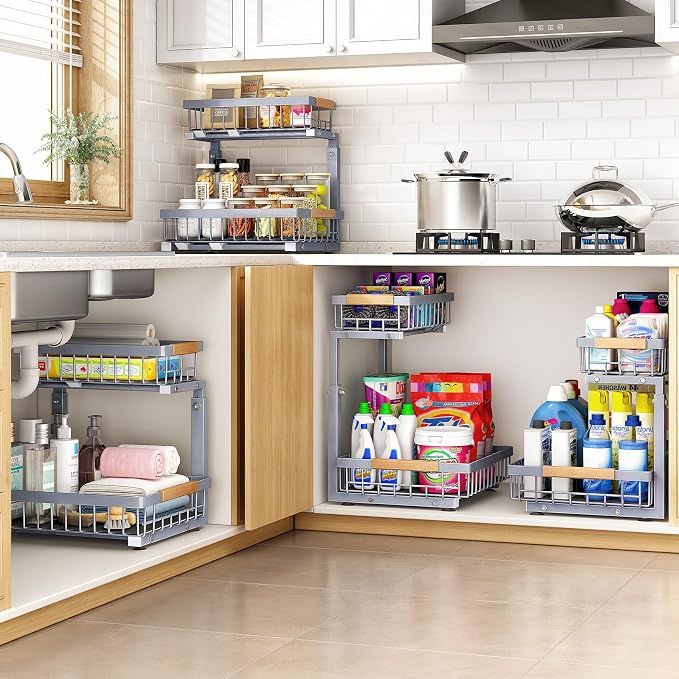 PXRACK Under Sink Organizer, Adjustable Height, 2 Tier Pull Out Under Cabinet Organizer, Slide Out Thickened Metal Under Sink Storage for Kitchen Bathroom Laundry Pantry Cabinet, Grey, Large-1-Pack - Image 8