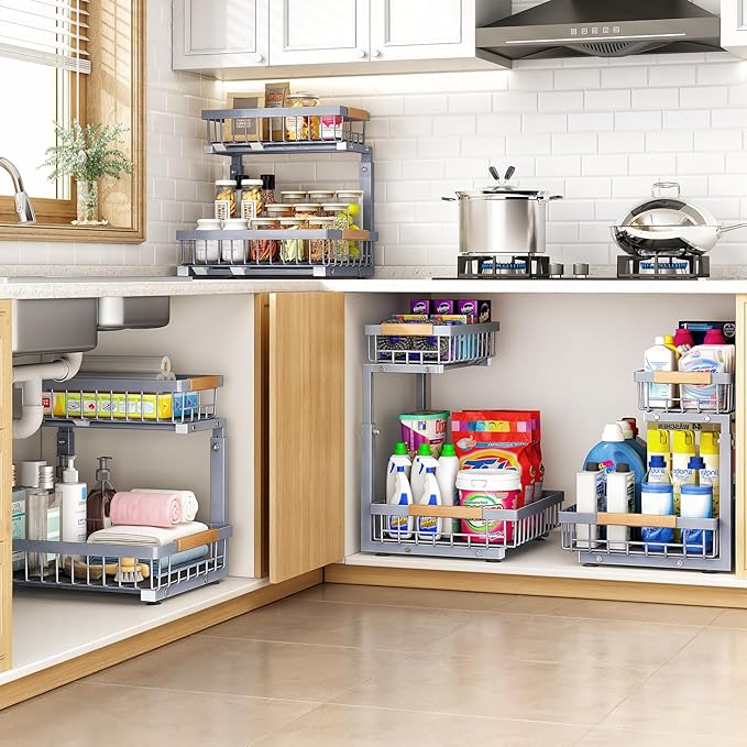 PXRACK Under Sink Organizer, Adjustable Height, 2 Tier Pull Out Under Cabinet Organizer, Slide Out Thickened Metal Under Sink Storage for Kitchen Bathroom Laundry Pantry Cabinet, Grey, Large-2-Pack - Image 8