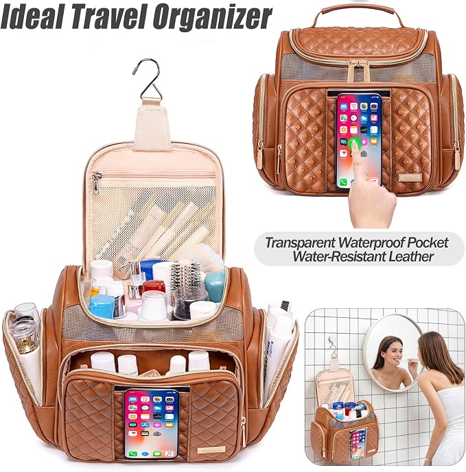 Large Leather Toiletry Bag for Women Men,Bathroom Bag,Water Resistant Shower Bag,Makeup Bag,Portable Shower Caddy for College Dorm,Hanging Travel Toiletry Bag with Transparent Waterproof Phone Pocket - Image 2