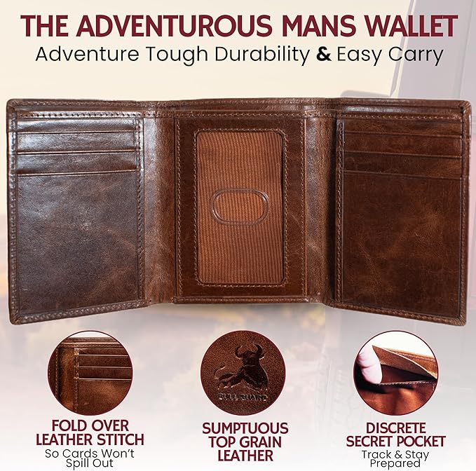 BULL GUARD Best Leather Men's RFID Trifold Wallet With ID Great Outdoor Wallet Durable Top Grain Leather Forest Brown, Double Cash Comparment with Secret Pocket, Compact & Secure Design, In Gift Box - Image 4