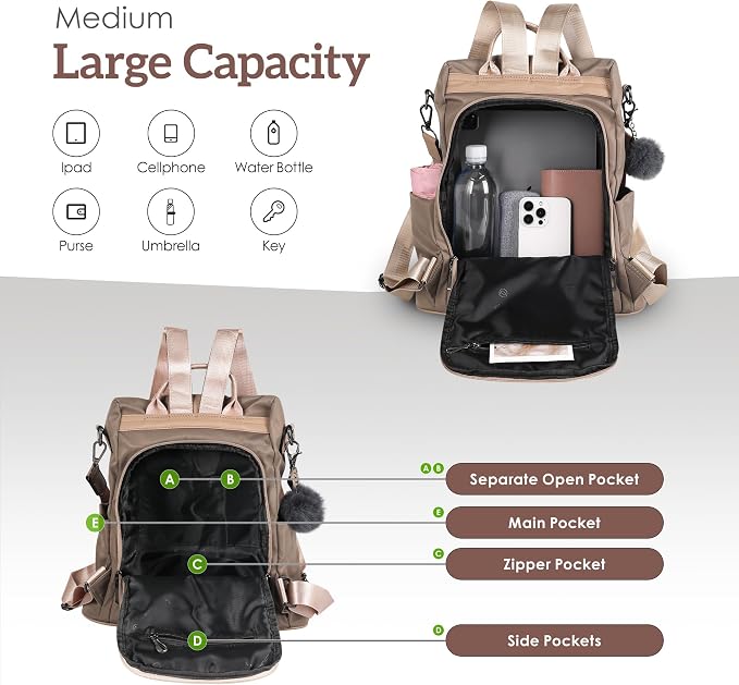 PINCNEL Women Medium Backpack Purse Waterproof Nylon Anti-theft Rucksack Lightweight Shoulder Bag Mocha - Image 6
