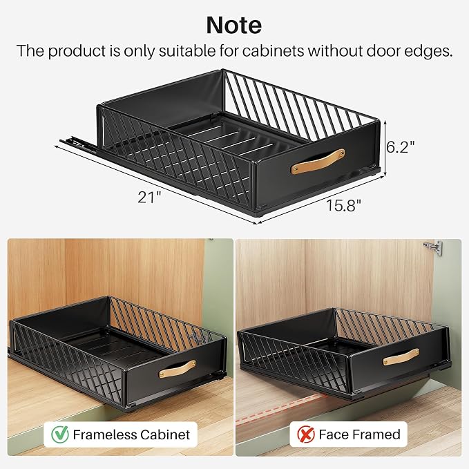 Pull out Cabinet Organizer,Heavy Duty Slide out Pantry Shelves Drawer Storage with Adhesive Nano Film,Sliding Mesh Cabinet Basket with Handle for Kitchen, Bathroom, Home, 15.8"W X 21"D X6.2"H,Black - Image 2