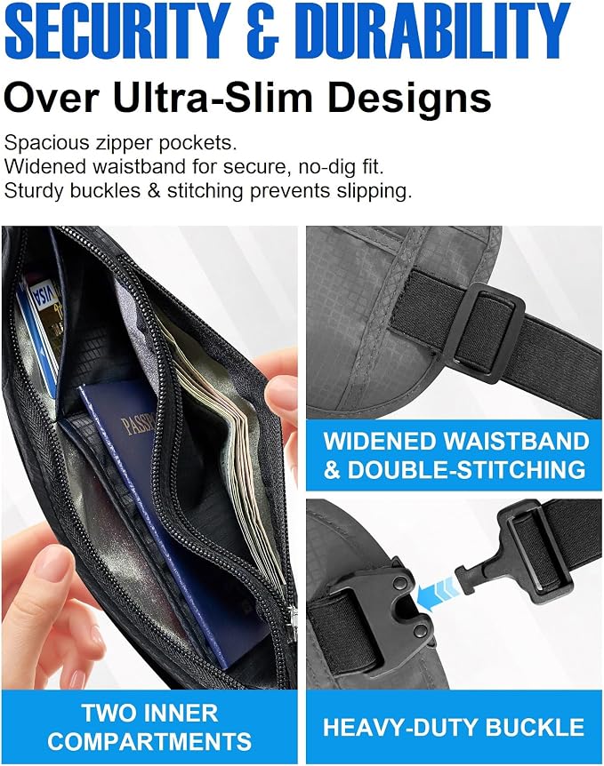 Money Belt for Travel, Passport Holder, RFID Blocking, Sweat-Proof, Gray | 3rd Gen Hidden Waist Wallet Anti Theft to Protect Cash, Credit Cards and Documents Under-Clothes for Men & Women, Bamneat - Image 6