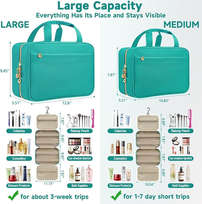 Travel Toiletry Bag for Women, Hanging Makeup Organizer Clear Pockets | Large Hanging Travel Organizer with Compartments, Front Pocket, Fits Full-Size Skincare, Makeup & Toiletries(Green, Medium) - Image 3