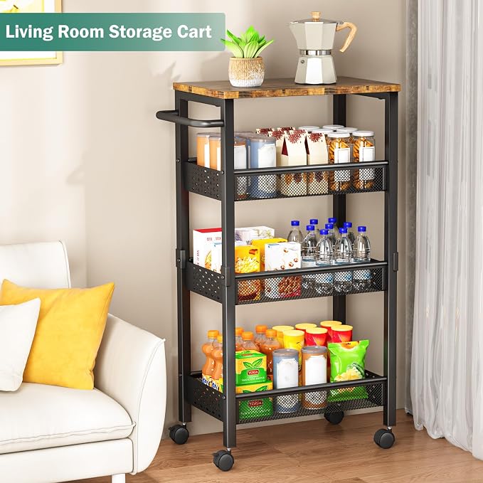 Vivihomety 4-Tier Laundry Utility Rolling Cart with Wheels, Metal | Narrow 8.1" wide, lockable wheels, wood top panel, metal frame, for laundry room, small spaces, pantry, tight gaps, Black - Image 6
