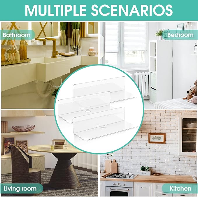 Maitys 8 Pcs Clear Acrylic Floating Shelves Back to School Supplies 9 Inches Adhesive Wall Mounted Shelves No Drill Hanging Acrylic Wall Display for Living Room Bathroom Bedroom Kitchen Office - Image 7