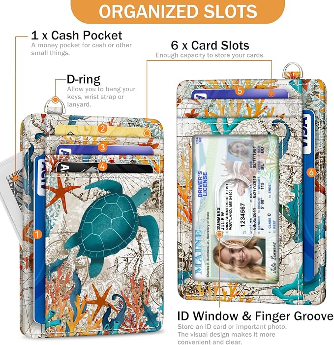 Yonlevres Sea Turtle Credit Card Holder Slim RFID Wallet Women Wristlet | Front Pocket, Handy, RFID Blocking, Woman Girls Ladies Gifts, D-ring for Keychain,Thin Mini Card Case, ID Window, PU Leather - Image 4