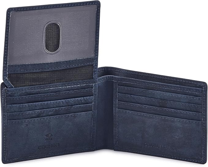 Wallet for Men Slim RFID Blocking Leather Bifold Minimalist 2 ID Windows Gift Box Carteras Para Hombres (CRAZY HORSE, NAVY) by Cochoa
