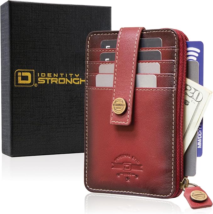 ID Stronghold RFID Blocking Front Pocket Wallet – Slim Minimalist Genuine Leather Wallet with Zipper Coin Pocket (Mega Red) - Image 6