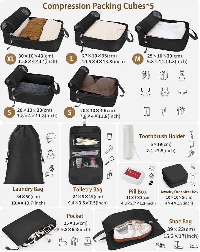 12-Piece Expandable Compression Packing Cubes, Space Saving Suitcase Organizers for Travel, Heavy Duty Luggage Storage Pouches Set, Black - Image 2