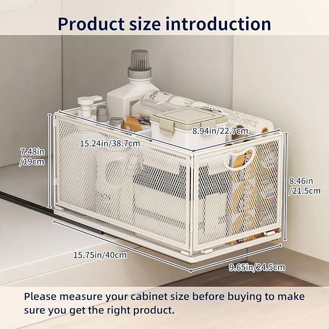 Pull Out Cabinet Organizer, No Drill Adhesive Sliding Drawers for Kitchen, Metal Mesh Wire Storage Shelf for Pantry & Under Sink, White (9.6" W x 15.7" D x 8.4" H) - Image 5