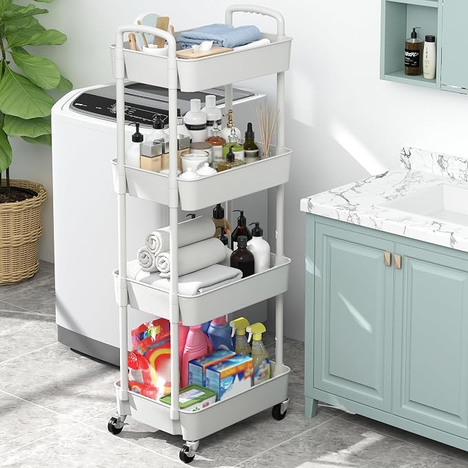 Sywhitta 4-Tier Plastic Rolling Utility Cart with Handle, Multi-Functional Storage Trolley for Office, Living Room, Kitchen, Movable Storage Organizer with Wheels, White (Pack of 2) - Image 6