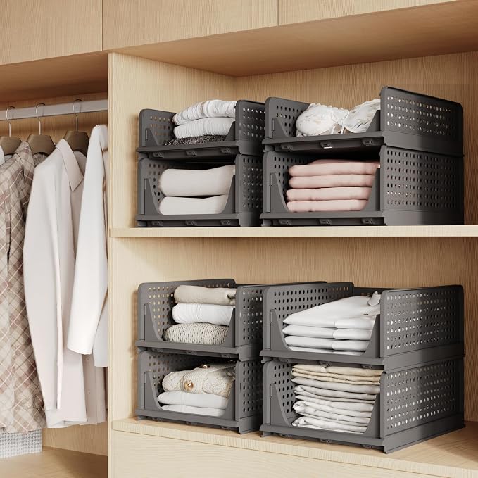 5 Pack Folding Closet Organizers - Stackable Plastic Drawer Basket for Clothing, Shelf Storage Container for Closet, Wardrobe, Bedroom, Bathroom, Office (Black) - Image 2