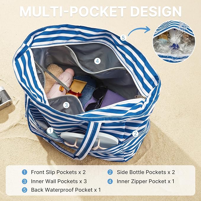 G4Free Large Beach Bag Waterproof Sandproof, Zipper Pool Tote for Women | XL Large Capacity, with Wet Compartment, Foldable Packable with A Pouch, for Swim Travel Grocery - Image 4