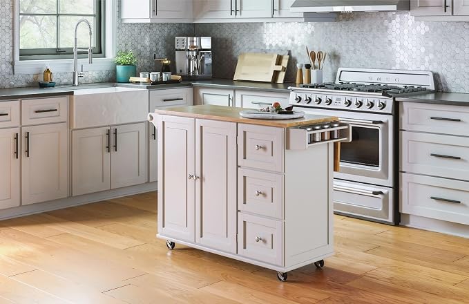 Homestyles Dolly Madison Off-White Mobile Kitchen Island Cart with Wood Drop Leaf Breakfast Bar - Image 2