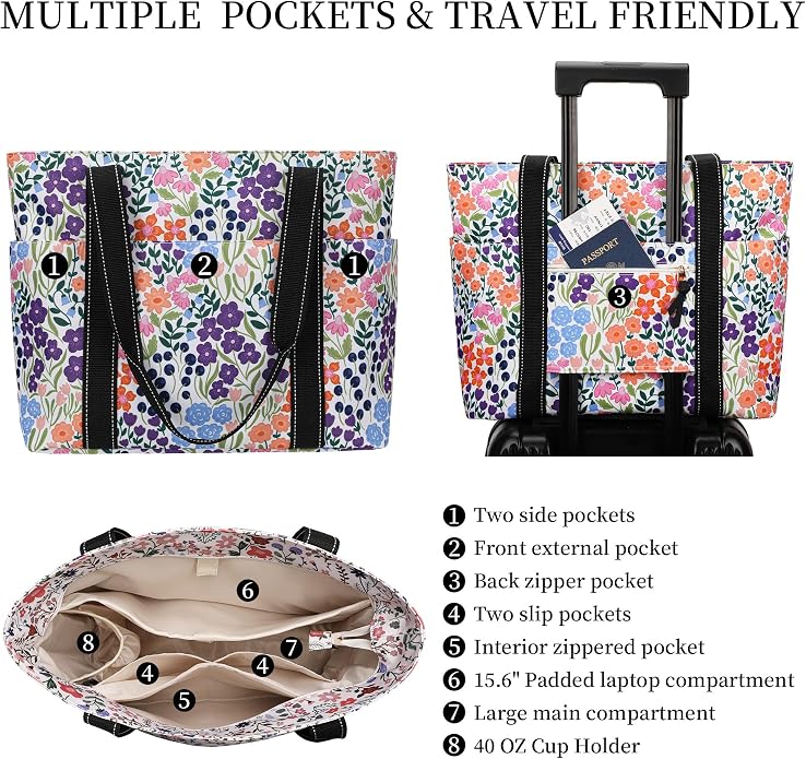 Tote Bag for Women with Laptop Compartment & Cup Holder,Nylon Bag for Work,Travel,Gym,Beach,Teacher,Nurse,School,Mom - Image 4
