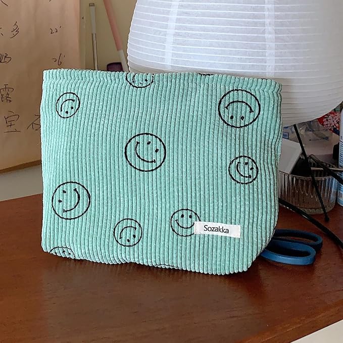 Cosmetic Bags for Women - Corduroy Cosmetic Bag Aesthetic Women Handbags Purses Smile Dots Makeup Organizer Storage Makeup Bag Girls Case Bags (A-Green) - Image 2