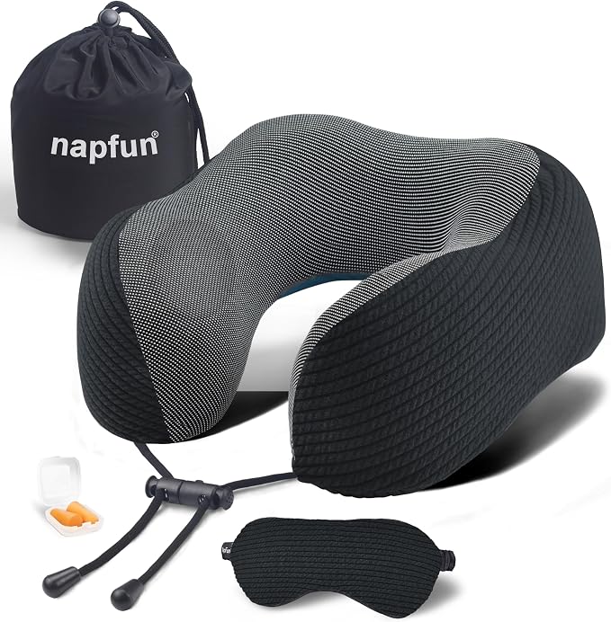 napfun Neck Pillow for Travel with Travel Pouch, Sleep Mask & Earplugs, Memory Foam Airplane Pillow for Headrest Sleep with Eyeshades, Plane Essentials with Eye Blindfold, Black Striped Kit by NAPFUN
