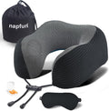 napfun Neck Pillow for Travel with Travel Pouch, Sleep Mask & Earplugs, Memory Foam Airplane Pillow for Headrest Sleep with Eyeshades, Plane Essentials with Eye Blindfold, Black Striped Kit by NAPFUN