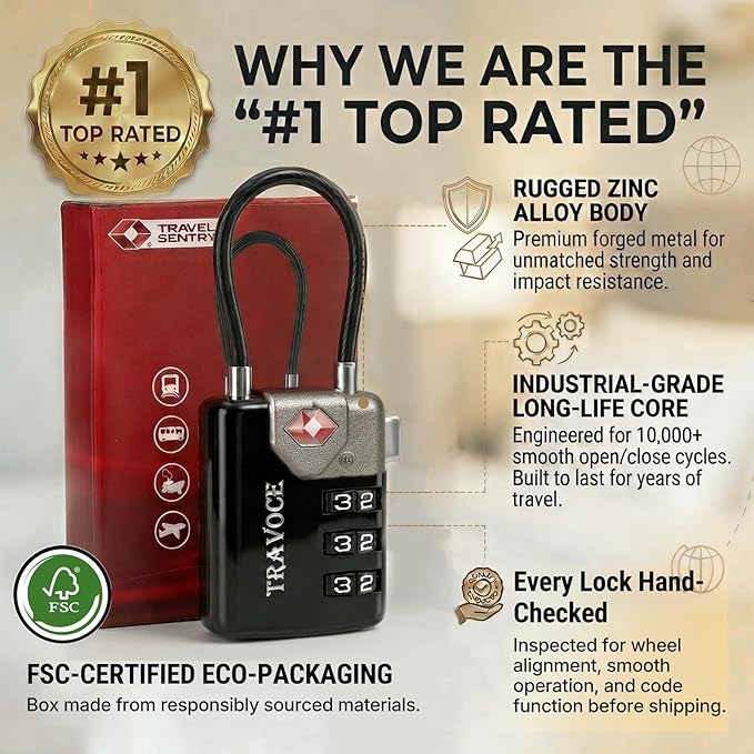 TSA Approved Luggage Locks, Combination Cable Locks, 6 Pack, Black | Search Alert shows TSA key access; resettable 3-digit code and flexible braided steel cable for suitcases and backpacks. - Image 2