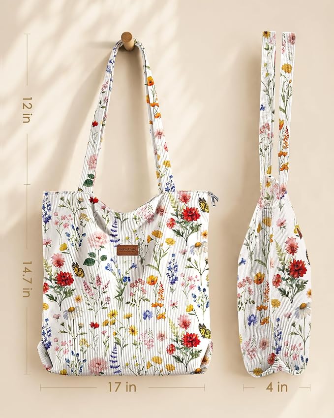 Aesthetic Corduroy Tote Bag with Zipper for Women | Reusable, Fits 14 Inch Laptop, Inner Pocket, double-sided print, Lightweight - Image 5