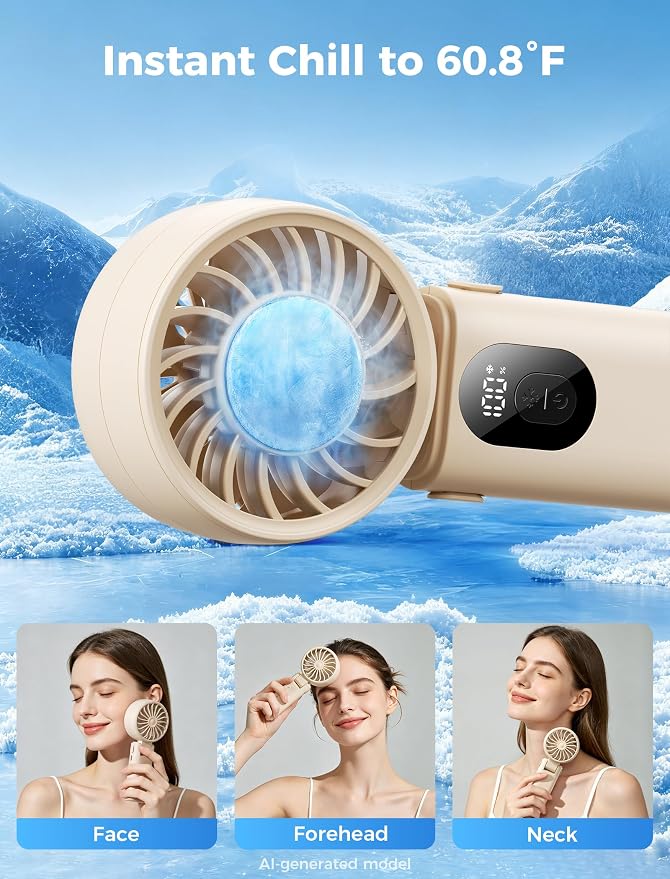 Aecooly Mighty Portable Handheld Fan with Cooling Plate | 20H Max Cooling | 3 Flexible Modes | 5 Speeds Wind | Battery Level Display | Mini Personal Battery Powered, Gifts for Women, Travel-Beige - Image 3
