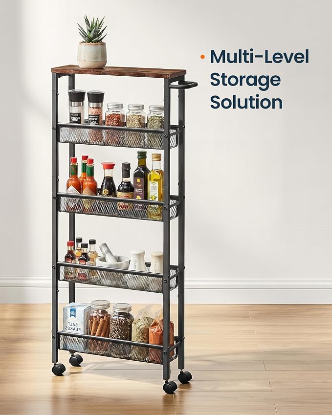 SONGMICS HOME Slim Rolling Cart, 5-Tier Storage Cart with Wheels and Handle, Narrow Utility Cart for Kitchen, Living Room, Brown and Black - Image 4