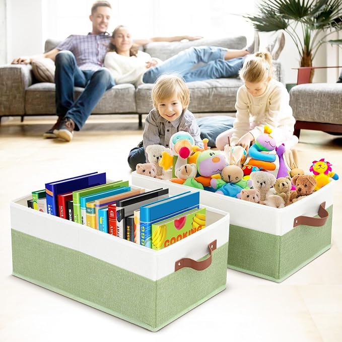 3 Pack Large Capacity Storage Bins Closet Organizer for Shelves | Fabric Closet Storage Baskets Boxes with Leather Handles for Organizing Clothes, Sheets, Jeans, Toys, Books (Green) - Image 6
