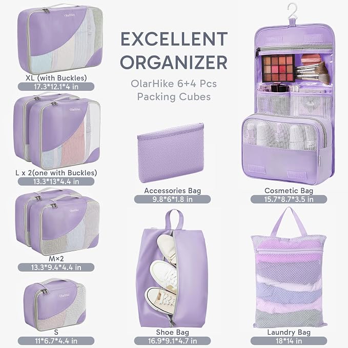 OlarHike 10 Set Packing Cubes for Travel,Gifts for Women Mom,Anti-Tearing Suitcase Organizer,with Over 1000 pcs Mesh Holes,Vacation Essentials & Accessories for Cruise Ship - Image 2
