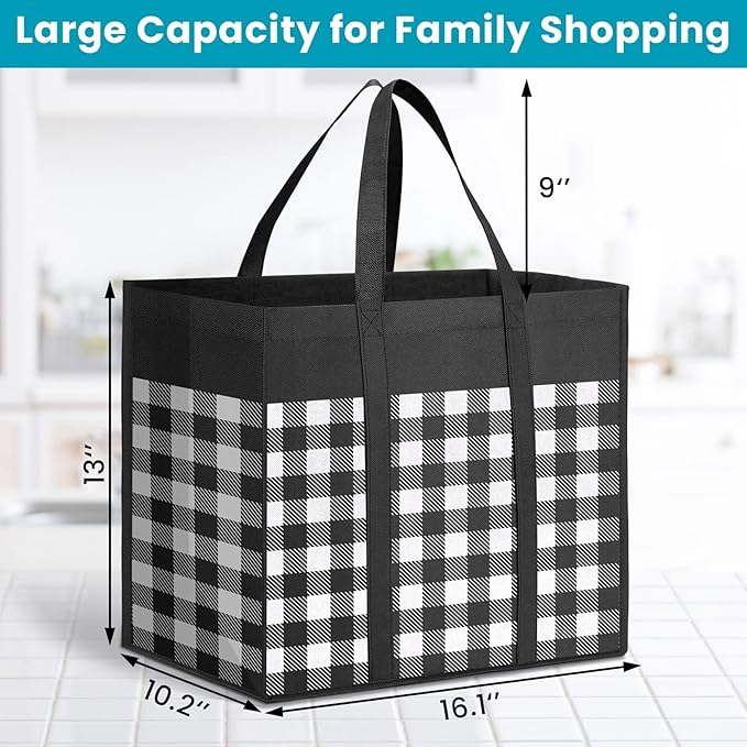 WOWBOX Reusable Grocery Bags, Foldable Reusable Shopping Tote Bags | 4-Pack Large Storage Bags bulk with Reinforced Handles and Water Resistant Coating for Groceries,Multipurpose,Black-White - Image 3