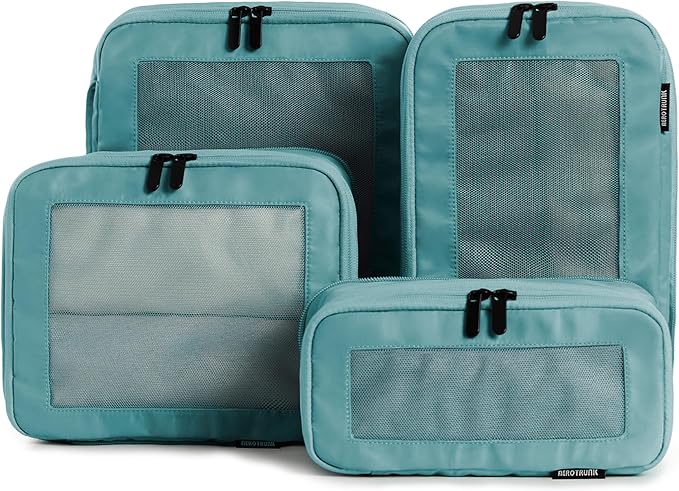 Compression Packing Cubes for Travel, 4-Pack, Teal | Solves overpacking, 4-Piece set fits most carry-ons, 50% Space savings, Compression luggage organizer bags by Aerotrunk